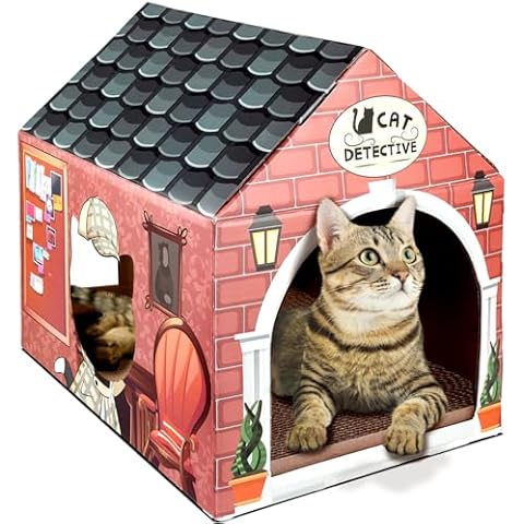 LiBa Cardboard Cat House with Scratch Pad and Catnip, Cat Scratcher for Indoor Cats, Cat Bed, Cat Scratching Toy, Cat Gifts for Cats - Detective Cover