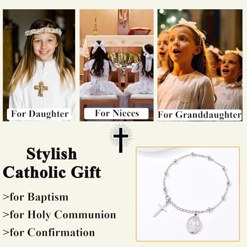 Image of Catholic Gifts for Girl Virgin Mary Christian Cross Bracelet First Communion Baptism Confirmation Gifts For Teen Girls Link Jewelry