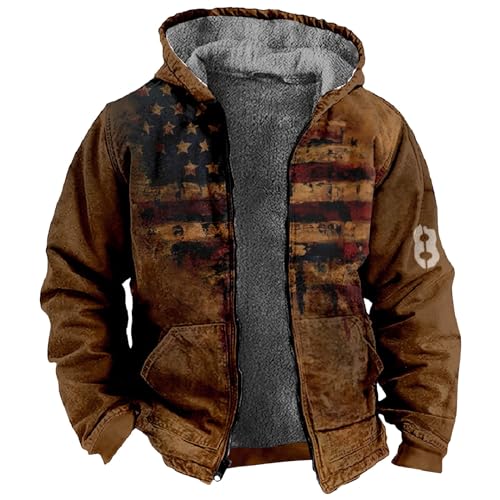 Mens Hoodies Zip Up Fleece Jacket Thick Retro Flag Print Hoodie Sherpa Lined Winter Coat Fall Fashion Hoodie