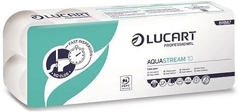 Lucart Professional, AquaStream 10, Pure Pulp High Fade Toilet Paper, Ideal for Public and Office Toilets, 10 Rolls of 200 Sheets Per Pack, 9.5x11cm, 1 Pack