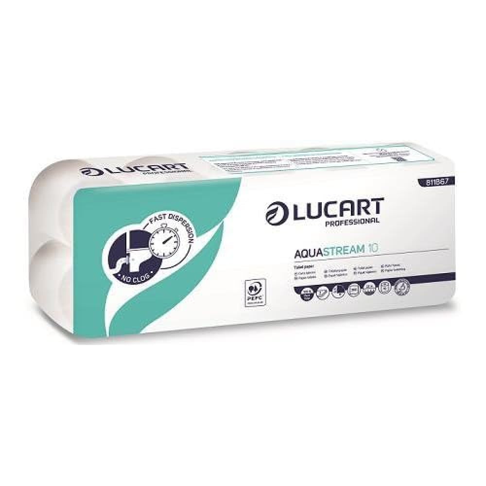 Lucart Professional, AquaStream 10, Papel Higiénico en Rollo Pura Pulpa High Fade, Ideal para Aseos Públicos y de Oficinas, 10 rollos de 200 hojas por paquete, 9,5x11 cm