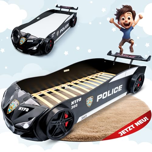 MARQA Kinderbett |Bodenbett | Kinderbett 90x200 |Autobett Rennwagenbett |Polizeiautobett inkl.Rollrost (ohne Matratze, Schwarz babybett)