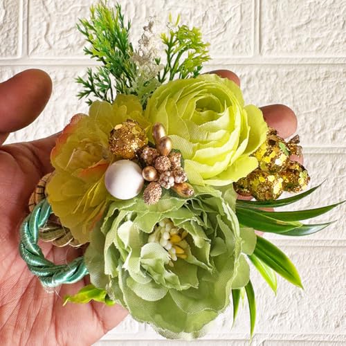 Image of ADIKALA Handmade Artificial Big Peonies 3 Flower Bunch for Trousseau Packing, Ready to use Flower Brooch Hamper for Decoration, Gift Wrapping Flowers (6, Green)