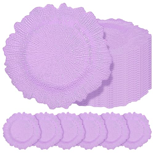 24 Pcs Lavender Charger Plates Bulk 13 Inch Plastic Charger Plates for Dinner Plate, Lavender Chargers for Table Setting, Reef Design Plate Floral Decorative Round Chargers for Wedding Party, Event