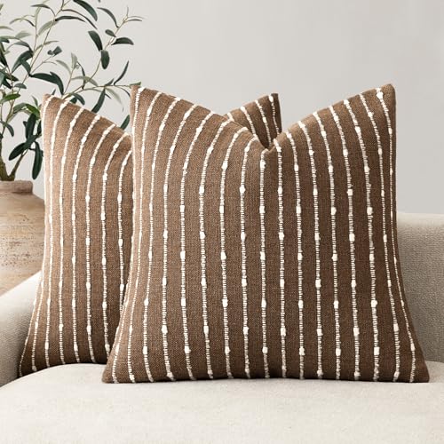 Image of Foindtower Pack of 2 Decorative Jacquard Boucle Throw Pillow Covers Accent Textured Striped Pillowcases Cozy Modern Cushion for Couch Sofa Bedroom Living Room Home Decor 18x18 Inch Brown