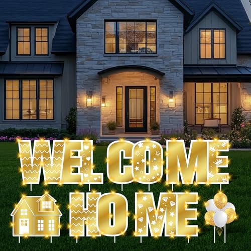 7PCS Gold Welcome Home Yard Signs with Stakes LED Light White Gold Welcome Home Lawn Sign for Patriotic Homecoming Military Army Deployment Returning Family Reunion Garden Yard Decorations