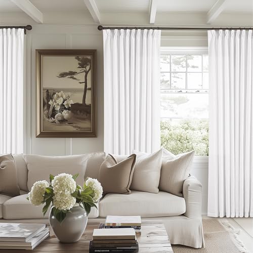 Image of White Pinch Pleated Linen Curtains 96 Inches Long 60 Inch Width Linen Blend Light Filtering Window Curtains 96 Inch for Living Room Bedroom Patio Pinch Pleat Drapes with Hooks Rings 1 Panel 60Wx96L