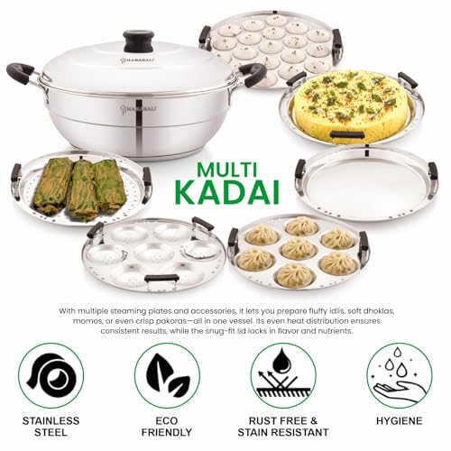 Image of MAHABALI KITCHENWARE SB Prime IB Multi Kadai with Steel Lid & 6 Plates | Idly, Mini Idly, Dhokla & Patra Maker Set | Includes 2 Idly Plates, 1 Mini Idly Plate, 2 Dhokla Plates & 1 Patra Plate