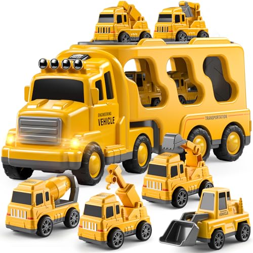Image of TEMI 5-in-1 Construction Truck for 3-9 Year Old Boys and Girls - Friction Power Vehicle Car for Toddlers 1-3, Carrier for Kids 3-5 - Christmas and Birthday Gifts