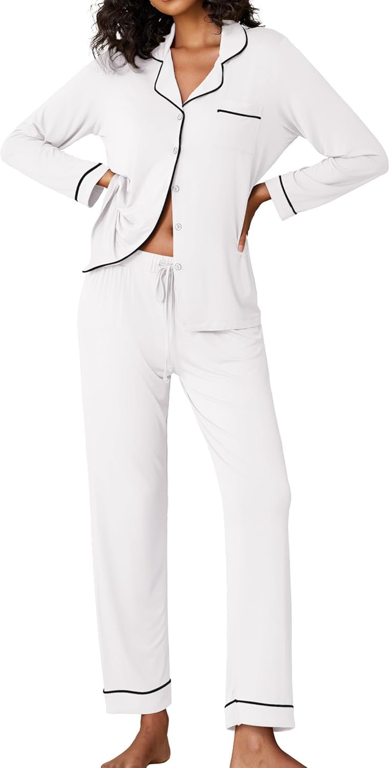 Ekouaer Pigiama Donna Maniche Lunghe Set Pigiama a Due Pezzi con Bottoni Abbigliamento da Notte Morbido Sleepwear Top e Pantaloni Pigiama XS-XXL