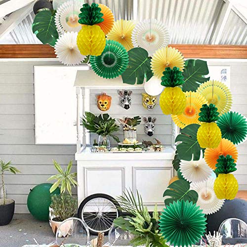 Image of MEIDUO Summer Pineapple Party Decoration, Hawaiian Party Supplies Tropical Palm Leaves Honeycomb Pineapple Hanging Paper Fans for Adults Kids Birthday Baby Shower Bachelorette (Yellow)