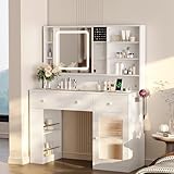 VINGLI Vanity Desk with Sliding Mirror and Lights, Glass Top Makeup Vanity Table w/Glass Cabinets w/Hidden Jewelry Storage & Power Outlets & Hairdryer Holder, 43in White Dressing Table Gifts Girls