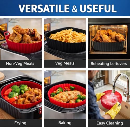 Image of Silicone Air Fryer Basket with Handles | Non-Stick Reusable Air Fryer Liner | Oil-Free Healthy Cooking | Easy Clean Heat Resistant Food Basket (MIDIUM, 1, Count)