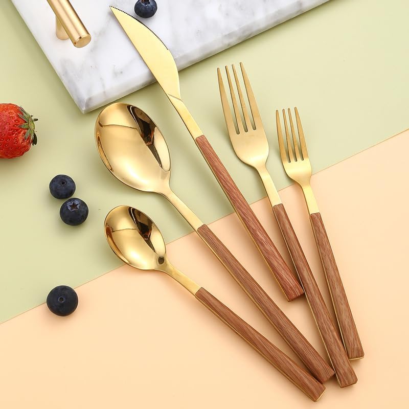 Silverware Flatware Set, 5/20/30/40 Pieces Stainless Steel Imitation Wood Handle Steak Knives, Forks And Spoons, Wood Grain Handle Portuguese Cutlery (Color : Gold, Size : 6Set-30Pcs)