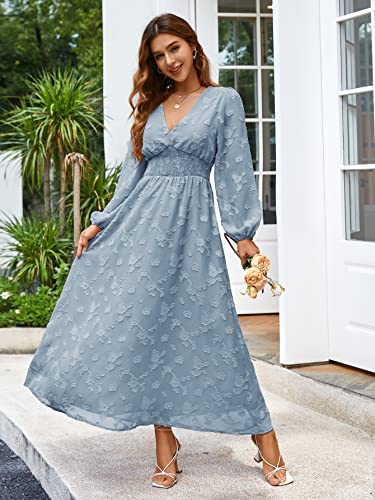 Image of Simplee Women's Long Sleeve Maxi Dress Burnout Floral V Neck Formal Dress(XL Blue)