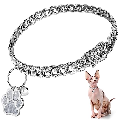 Hillban Cat Collar Diamond Chain Glitter Collar Walking Metal with Secure Buckle Cat Pet Necklace with Paw Charm and ID Tag Bell Link Cuban Jewelry Accessories Gift(10 Inch Silver)
