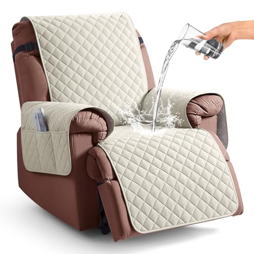 Image of KinCam 100% Waterproof Recliner Chair Cover, Reclining Couch Covers for Pets, Dogs, Recliner Couch Slipcover Furniture Protector with Elastic Straps for Kids(23.6 inch, Ivory)