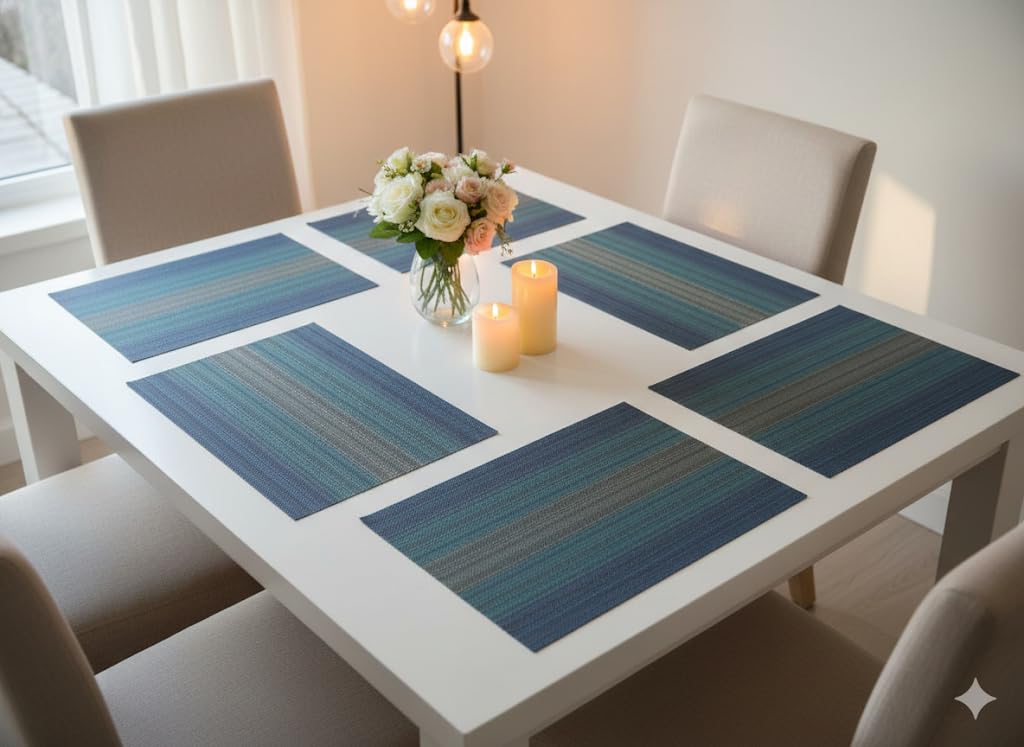 YELONA Rectangular Crossweave Woven PVC Vinyl Non-Slip Insulation Heat-Resistant & Waterproof Stain Resistant Washable Placemat for Dining & Kitchen Table-(Blue,Set of 6)