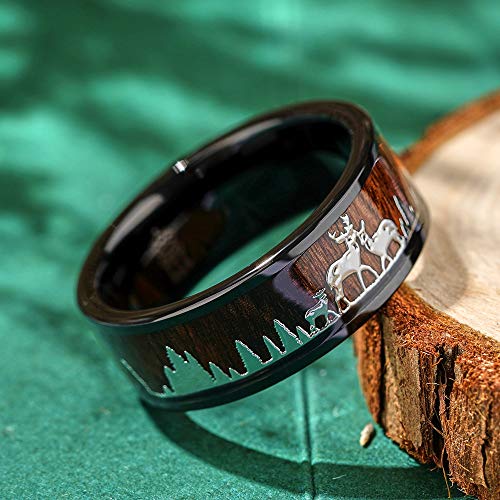 THREE KEYS JEWELRY Men Wedding Bands 8mm Tungsten Hunting Gold/Silver Viking Deer Forest Carbide Wood Ring with With Sandalwood Inlay Polished Infinity Unique for Him Black/Custom Ring Personalized Ring2