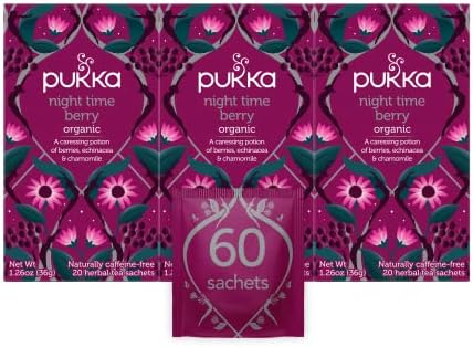 Pukka Organic Tea Bags, Night Time Berry Herbal Tea with Chamomile, Echinacea, and Elderberry, Perfect for Overnight Wellness, 20 Count (Pack of 3), 60 Tea Bags