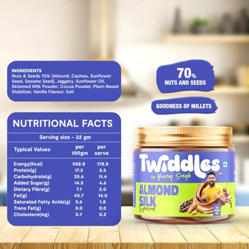Image of Twiddles Almond Silk Chocolate Spread,100g (Creamy) - 70% Almonds + Cashews & Seeds |17g Protein | No Refined Sugar | No Palm Oil or Preservatives | Gluten-Free | Healthiest Chocolate Spread | Waffles & Pancakes