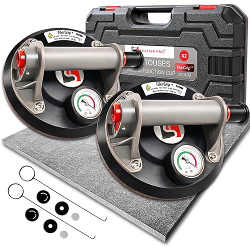 Shaffer Pro TilerGrip+ - 2 Ventouses Carrelage 200mm avec Manomètre – 320kg Ventouses Professionnelles pour Carreaux, Vitres, Grès Cérame – Forte...
