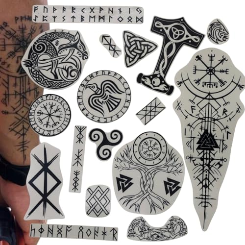 Yatatu - Kit de Tatouages Éphémères Vikings (17 Pièces) - Symboles de Mythologie Nordique et...