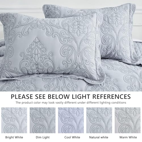 Image of CHIXIN Oversized Bedspread Coverlet Set King Size - Lightweight Bedding Cover - Beautiful Stitching - 5 Piece Reversible Bedspread - Luxury Damask Paisley Pattern (King, Light Grey)