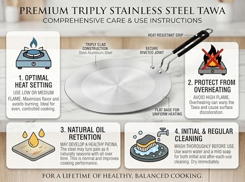 Image of Triply Stainless Steel Tawa 26cm | 4mm Thick, 1Kg | Induction & Gas Compatible | SS 304 Interior | 100% Toxin-Free, No Chemical Coating | Even Heat, No Burning | Roti, Paratha, Chapati
