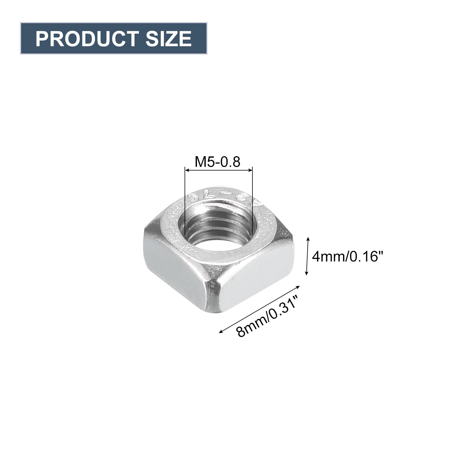 uxcell M5-0.8x4 Square Nuts, 304 Stainless Steel Coarse Thread Square Nuts Fasteners for Home Repairs and Professional Engineering, Silver, 10pcs