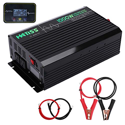 HATISS 1000W Pure Sine Wave Power Inverter, Peak Power 2000W, 12V DC to 110V AC Car Inverter with Dual AC Outlets 5V 2.1A USB and Wireless Digital LCD Display for Car,Electrical Appliances
