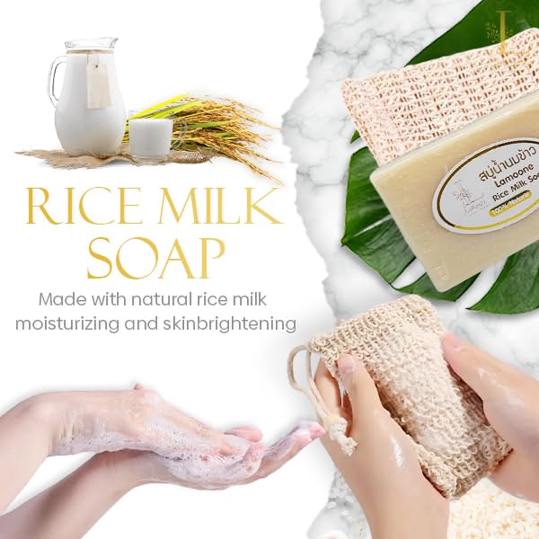 Miniatura 2 de Jabón de leche de arroz a base de hierbas + bolsa exfoliante natural, espuma suave, jabón orgánico hidratante, barra de jabón de colágeno glicerina