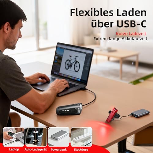 OnWEG Fahrradlicht Set StVZO zugelassen, 100 Lux Frontlicht mit Auto-Modus, Rücklicht mit Bremslicht blinkend, USB-C aufladbar… – Ansicht 6