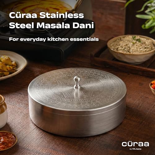 Image of CURAA Stainless Steel Masala Dani | By Chef Sanjyot Keer | Masala Box for Kitchen with Spoon (Pure Steel, 7 Detachable containers, 100 ML) | Spice Storage Container | Spice Box for Kitchen Gift