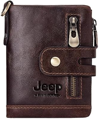 Carteira masculina JEEP KAVIS BONWE, couro genuíno, dobrável, bolso para moedas, clipe para dinheiro, bloqueio de RFID, corrente, zíper, chaveiro (Café)  