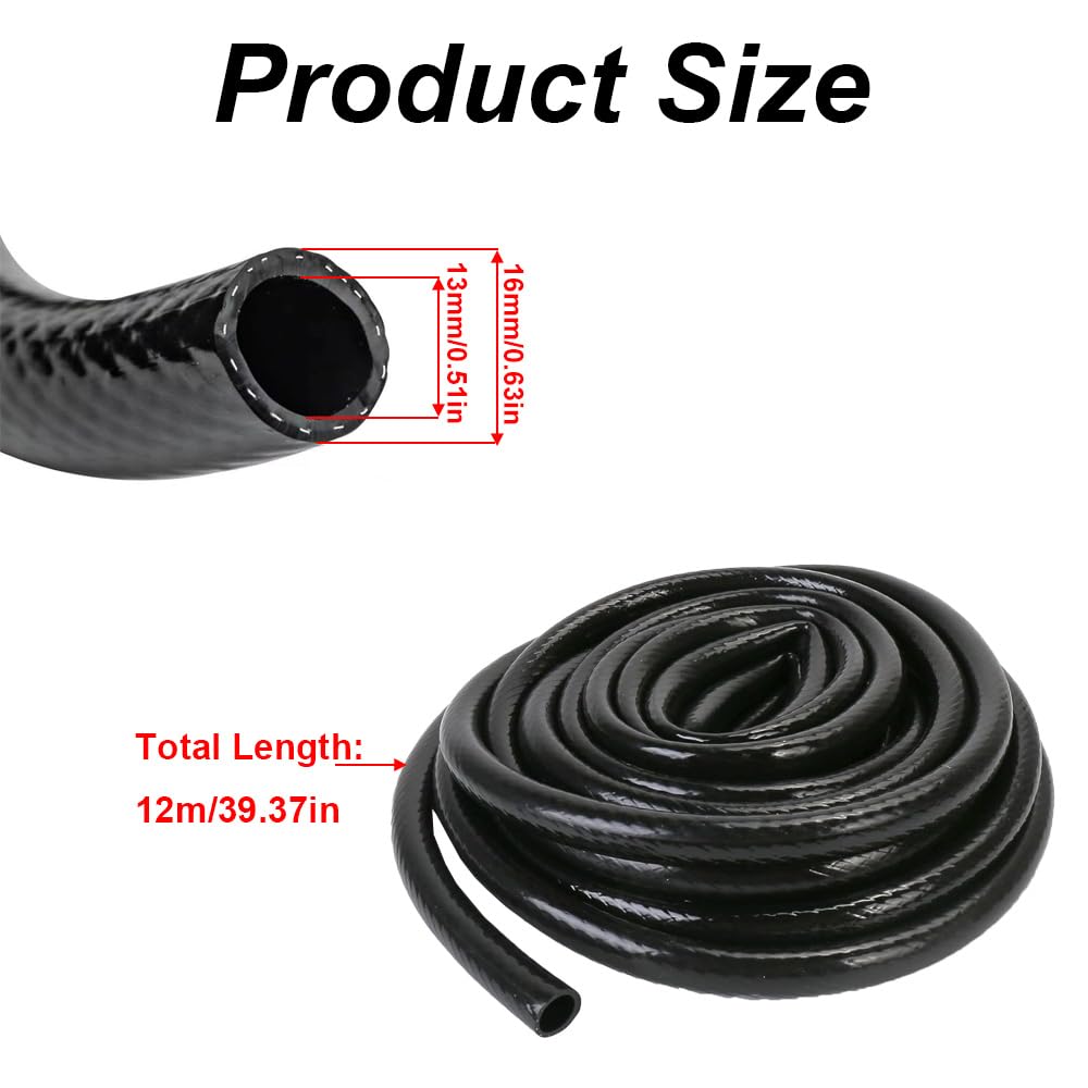 Tubo de riego de 12 m, manguera de riego de jardín de PVC de 1/2 pulgada, diámetro interior de 13 mm/diámetro exterior de 16 mm, tubo de riego por goteo negro para jardín, césped, invernadero