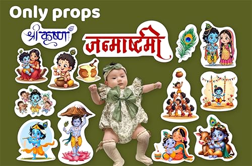 Image of Krishna Janmashtami Photo Booth Props 20+ Pcs | Baby Photoshoot Accessories, Festival Decoration Items, Kids Party Supplies, Cardstock Props Set