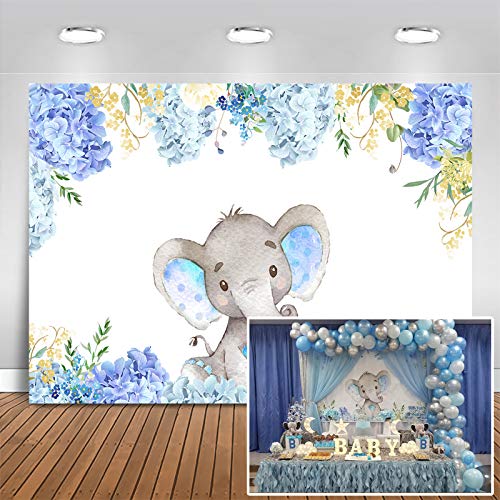 Mehofoto Boy Elephant Baby Shower Backdrop Light Blue Flower Elephant Photography Background 7x5ft Vinyl Elephant Birthday Party Banner Backdrops