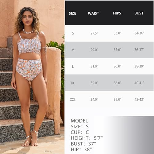 Bhome Maternity Swimsuit Two Pieces Adjustable Spaghetti Straps Smocked Bandeau Top With High Waisted Maternity Bikini Orange Floral Prints S thumb #5