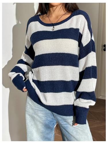 Floerns Women's Striped Boat Neck Loose Sweater Long Sleeve Drop Shoulder Pullover Top3