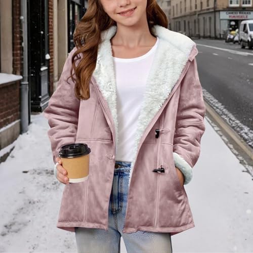 Girls Duffle Coat Suede Fleece Sherpa Lined Plush Jacket Cute Duffle Hooded Sweatshirt Warm Winter Overcoat Solid Outwear2