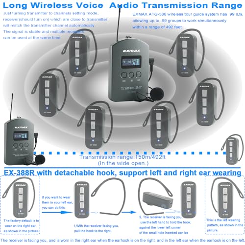 Sistema inalámbrico para guías turísticos EXMAX EX-388 con transmisión de voz para enseñanza escolar, conferencias, iglesias, seminarios, charlas y exposiciones (1 transmisor) miniatura 4