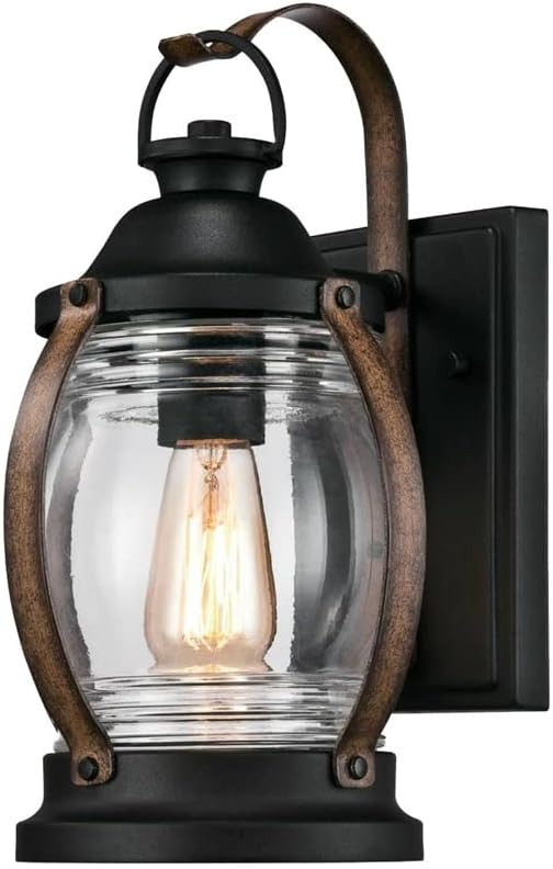 6335100 Canyon One-Light Outdoor Wall Fixture, Textured Black and Barnwood Finish with Clear Glass