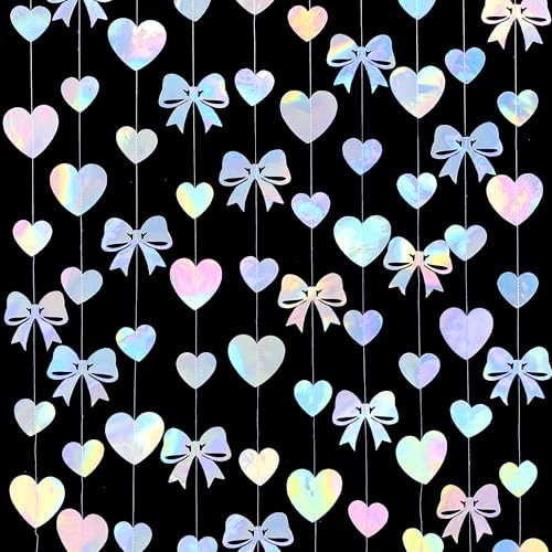 Image of Iridescent Bow Decorations Holographic Paper Heart Bow Hanging Garland Streamer for Coquette Bachelorette Birthday Valentines Wedding Bridal Shower Engagement Anniversary Party Decorations Supplies