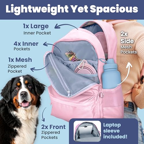 Image of Dog Travel Bag for Supplies - Complete Dog Diaper Bag Backpack with 2 BPA-Free Travel Bowls, Treat Pouch, Food Container, Placemat & Laptop Sleeve - for Traveling, Road Trips, Hiking: Dusty Pink