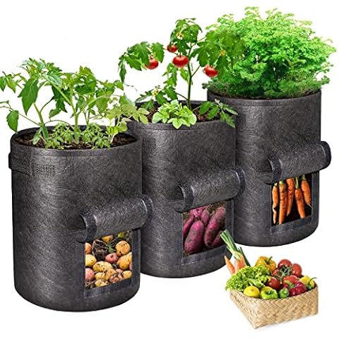 Ankier Potato Growing Bags,3 pack 7 Gallon Vegetable Grow Bags Planter Container with Hook & Loop Window and Strap Handles - Non-woven Garden Plant Bags for Various Vegetables and Flower [Black] Cover