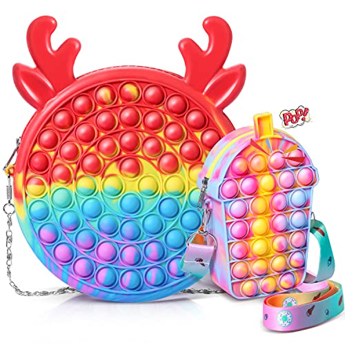 ELEDO Pop It Purse Fidget Toys, 2PCS Reindeer & Boba Push Bubble Shoulder Bag, Stress Relief Popper Crossbody Bags for School Supplies, Stocking Stuffers Gifts Girls Women Kids Adults, Rainbow Color