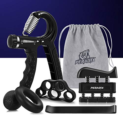 Peradix Kit 6 D'entraînement pour Renforcement des Poignées et des Avant-Bras- Hand Grip Ajustable,Bandes d'exercise,Exerciseur de Doigts, Étireur de Doigts, Anneau d'exercice et Balle Anti-Stress