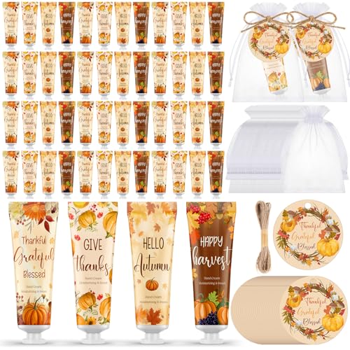 Leelosp 48 Sets Thanksgiving Fall Hand Cream Set Mini Pumpkin Hand Lotion with Tag and Organza Gift Bags Fall Gifts Set for Dry Cracked Hands Autumn Thanksgiving Baby Shower Party Favors
