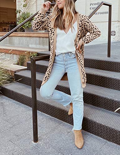 MEROKEETY Women's Open Front Knit Cardigan Winter Fall Sweater Dots Long Sleeve Pockets Coat Outwear, Khaki, S